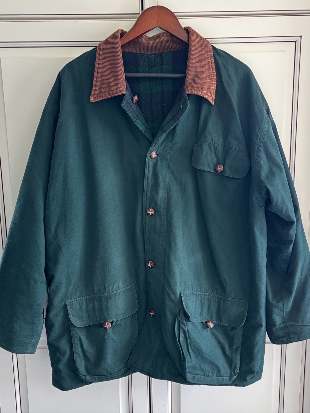 Colebrook Wool Green Plaid Reversible Barn Chore Jacket Leather Mens Large Rare
